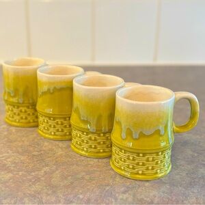 60/70's Japan Chartreuse Green Drip Glaze Ceramic Coffee Mugs - 4 - Coffee Cups